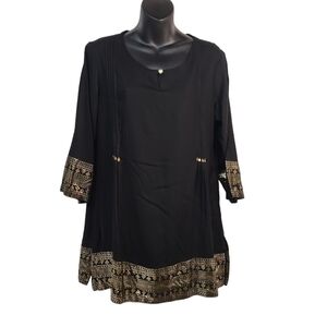 Srishti Women's Black Gold 3/4 Sleeves Viscose Top Blouse Size L NWT